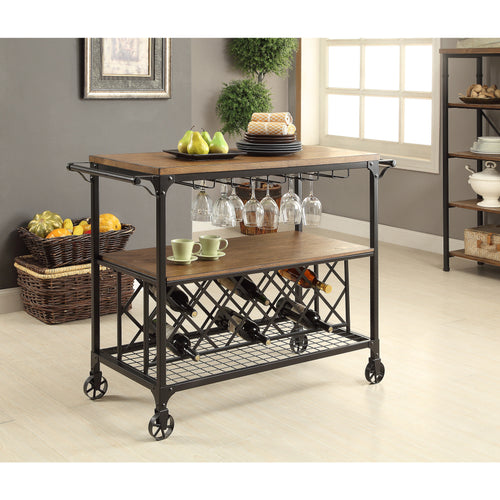 Lewis Industrial Serving Cart with Wine Rack in Medium Oak - living-essentials