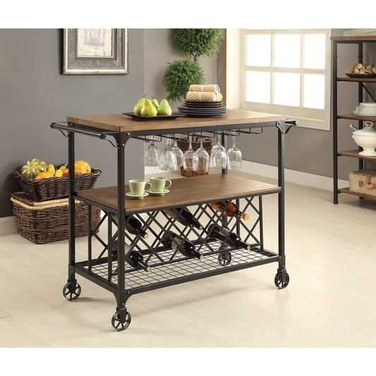 Lewis Industrial Serving Cart with Wine Rack in Medium Oak - living-essentials