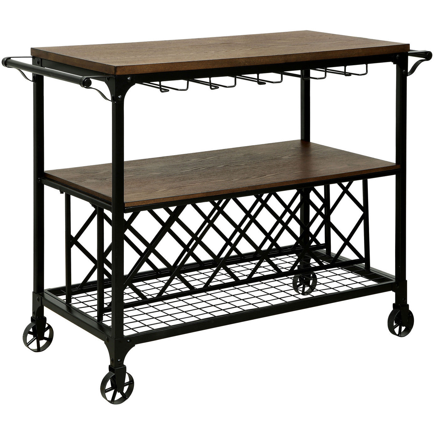 Lewis Industrial Serving Cart with Wine Rack in Medium Oak - living-essentials
