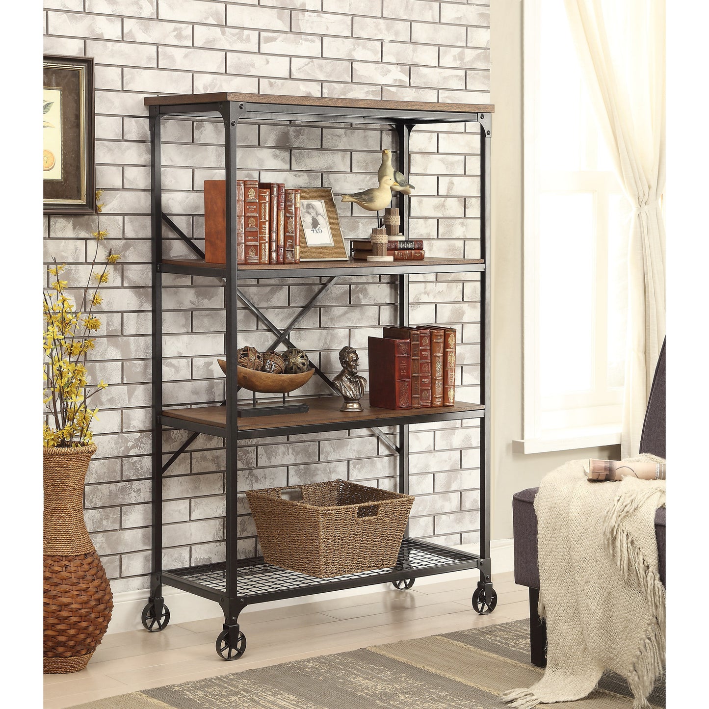 Noelia Industrial Large Bookshelf in Medium Oak - living-essentials