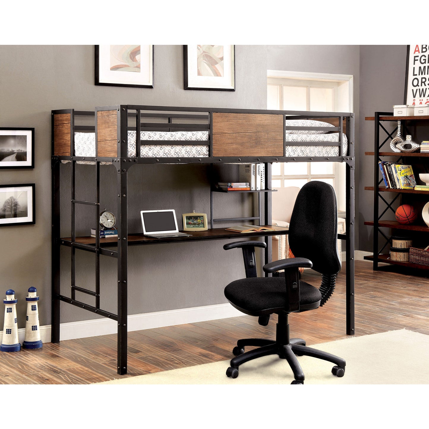 Joie Industrial Twin Over Workstation Bunk Bed in Black - living-essentials