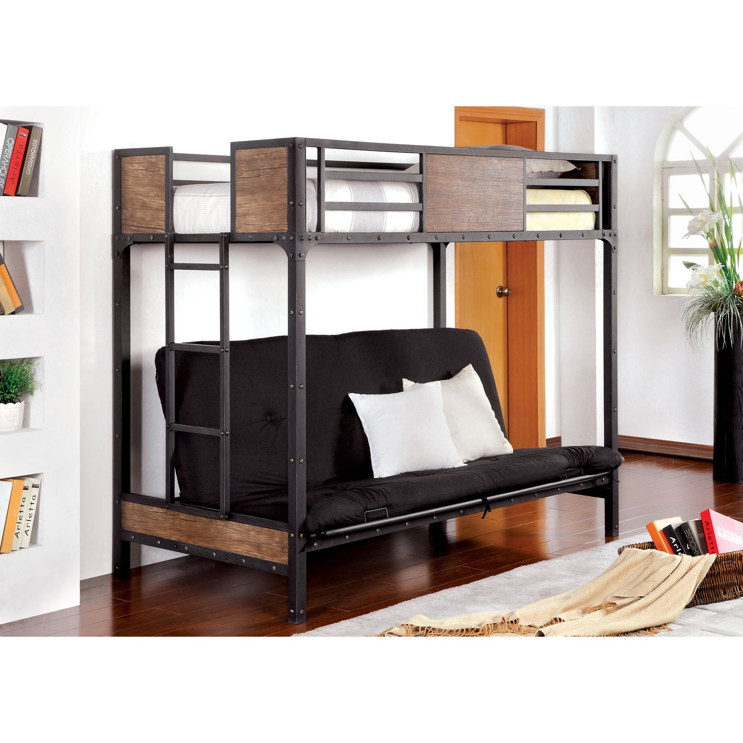 Joie Industrial Twin Over Futon Bunk Bed in Black - living-essentials