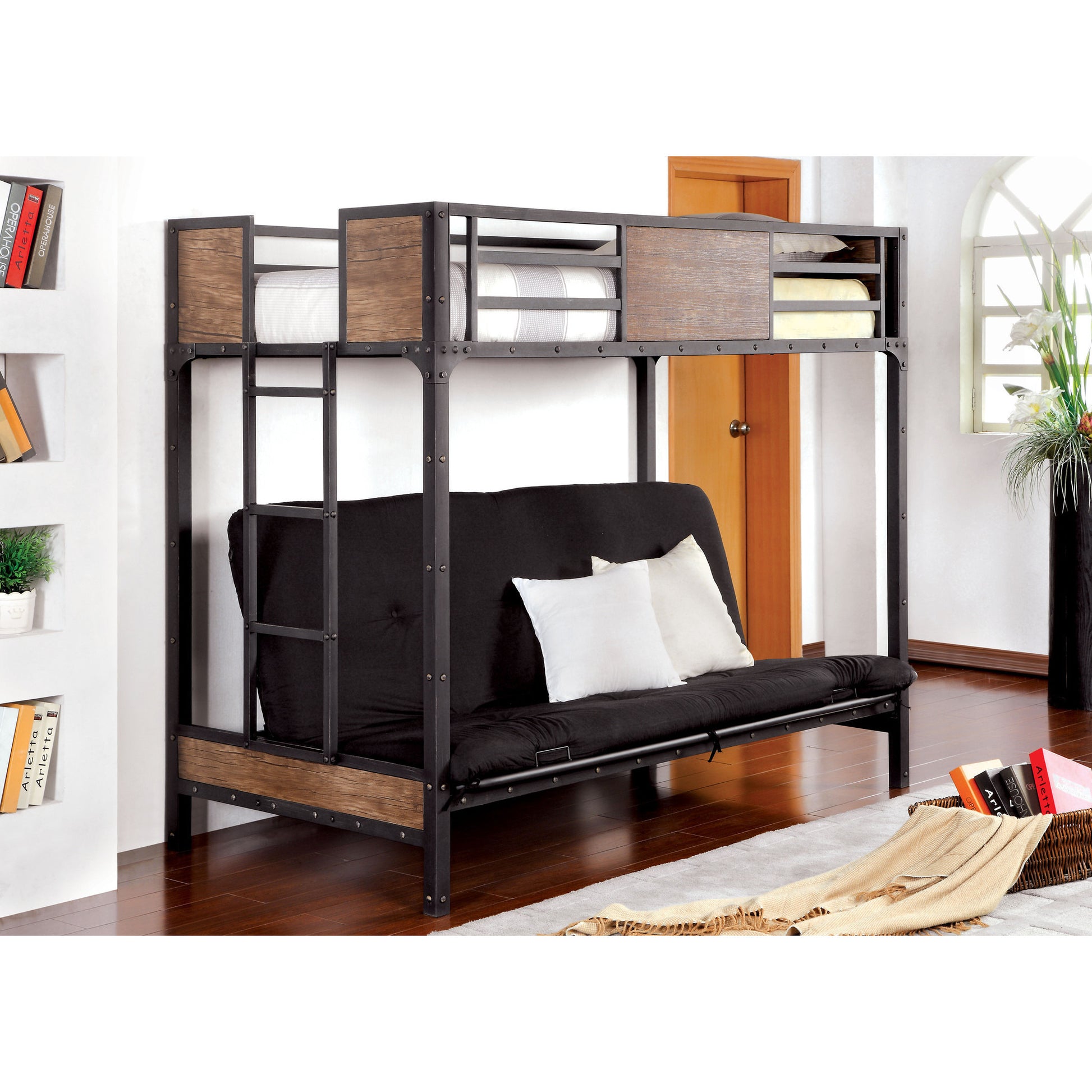 Joie Industrial Twin Over Futon Bunk Bed in Black - living-essentials