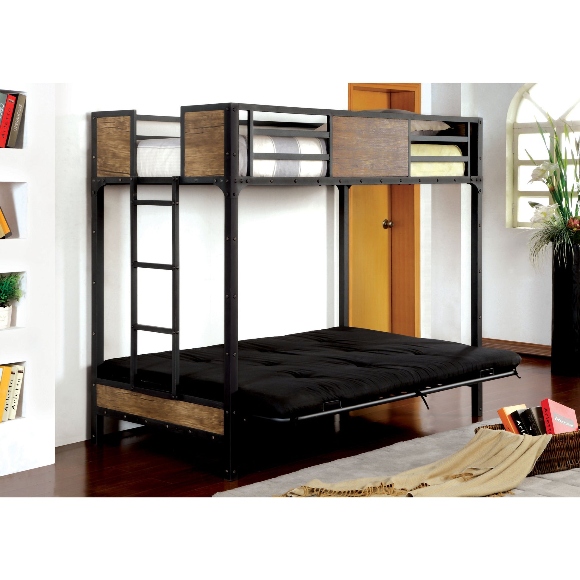 Joie Industrial Twin Over Futon Bunk Bed in Black - living-essentials
