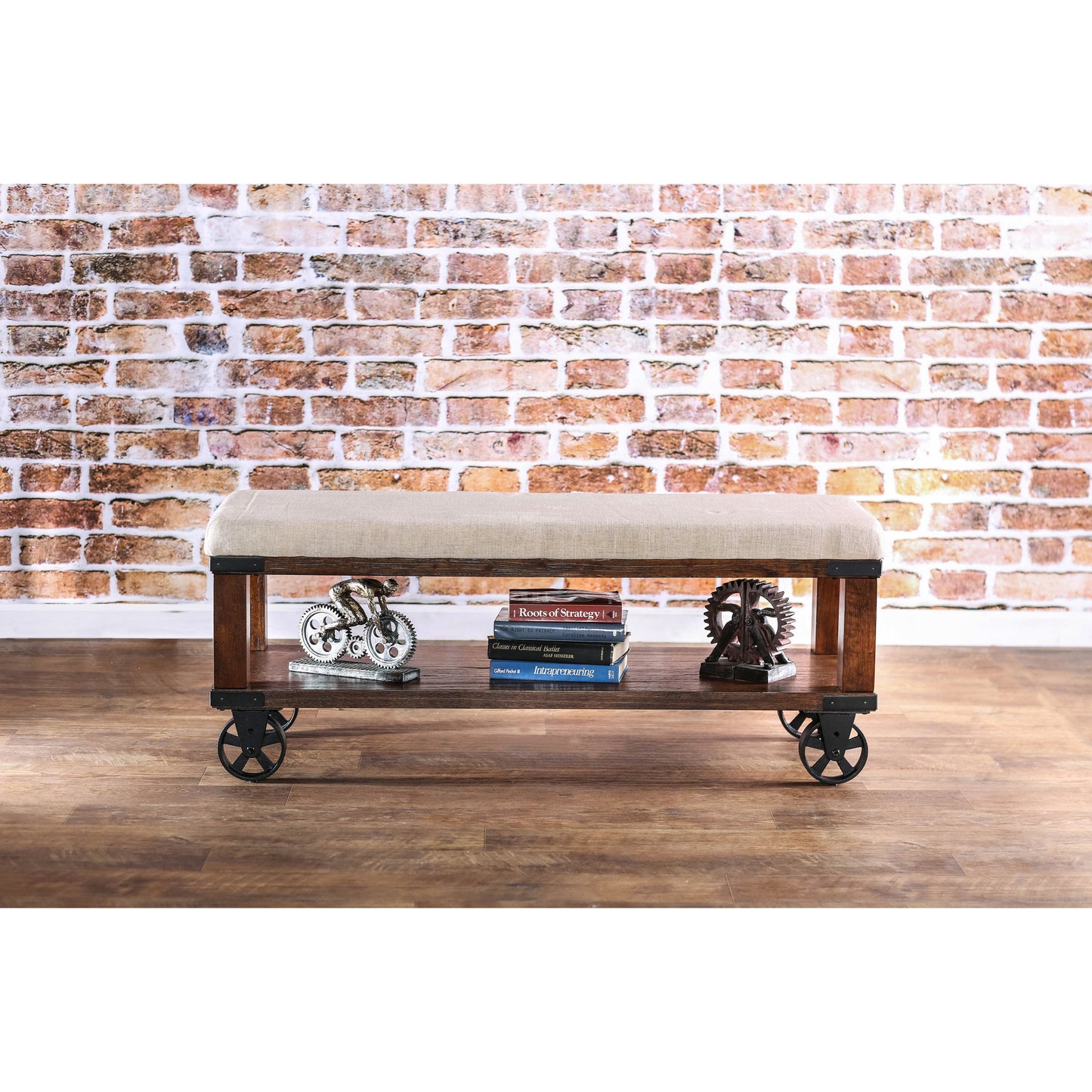 Artie Industrial Fabric Bench in Ivory and Light Oak - living-essentials