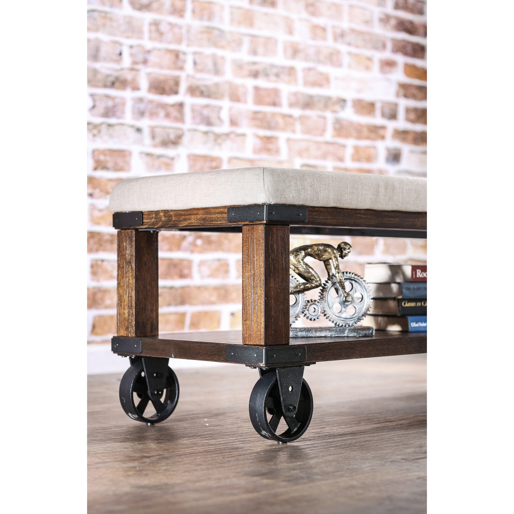 Artie Industrial Fabric Bench in Ivory and Light Oak - living-essentials