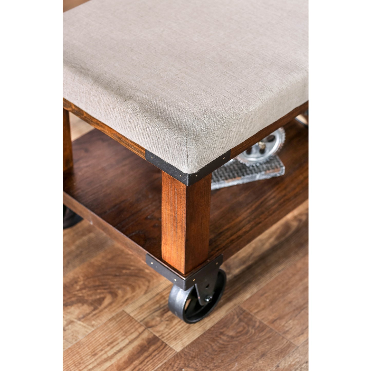 Artie Industrial Fabric Bench in Ivory and Light Oak - living-essentials