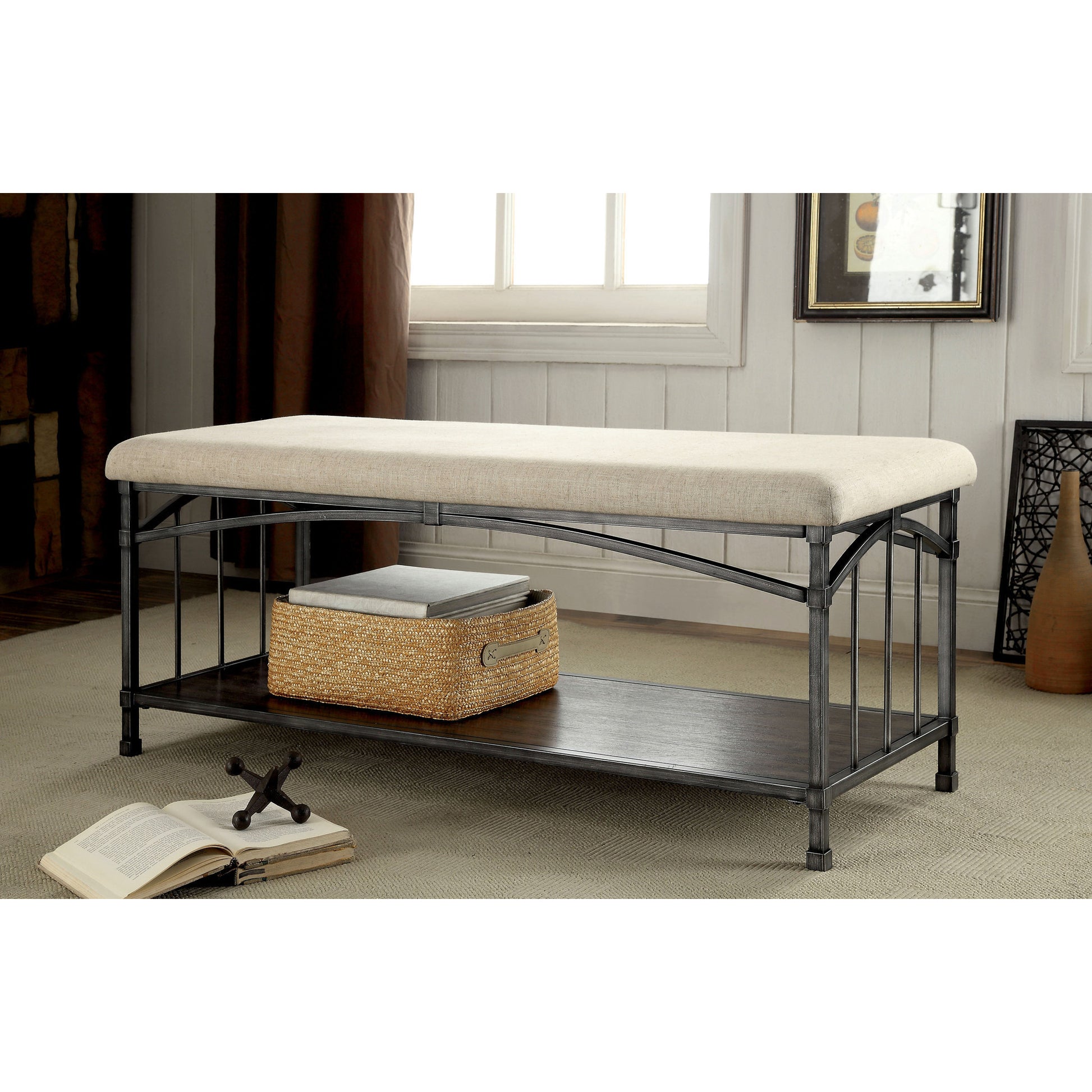 Horace Industrial Fabric Bench in Ivory and Dark Oak - living-essentials