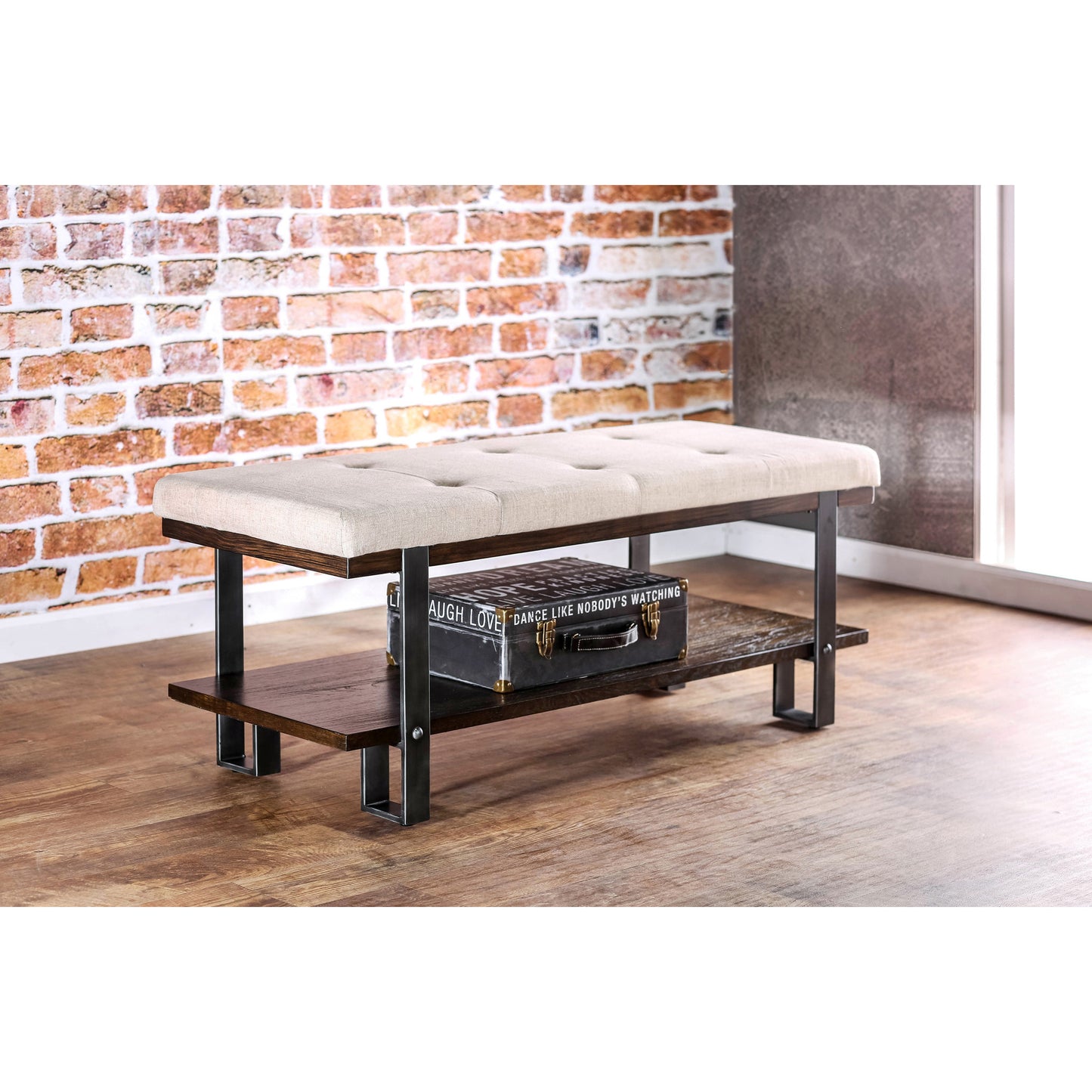 Lonnie Contemporary Tufted Bench in Ivory and Dark Oak - living-essentials