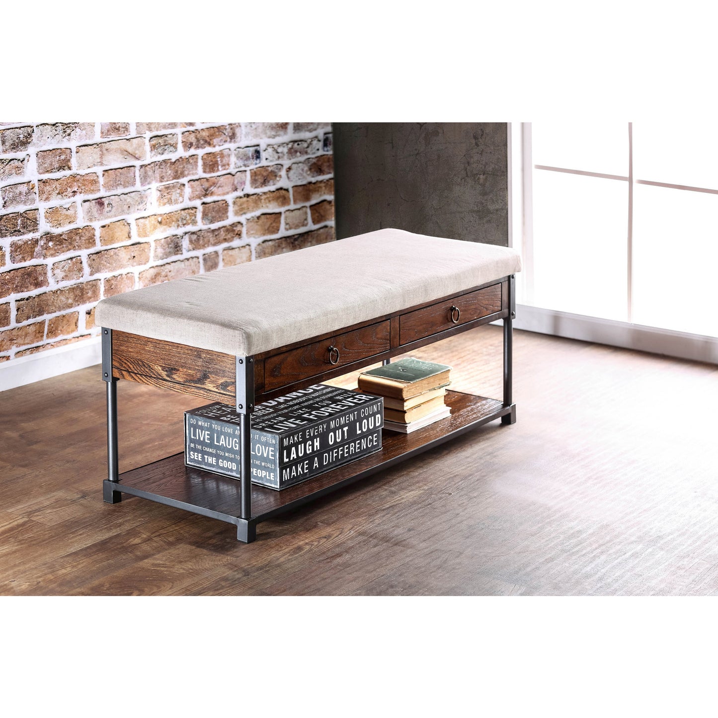 Cordell Industrial Storage Bench in Ivory and Light Oak - living-essentials