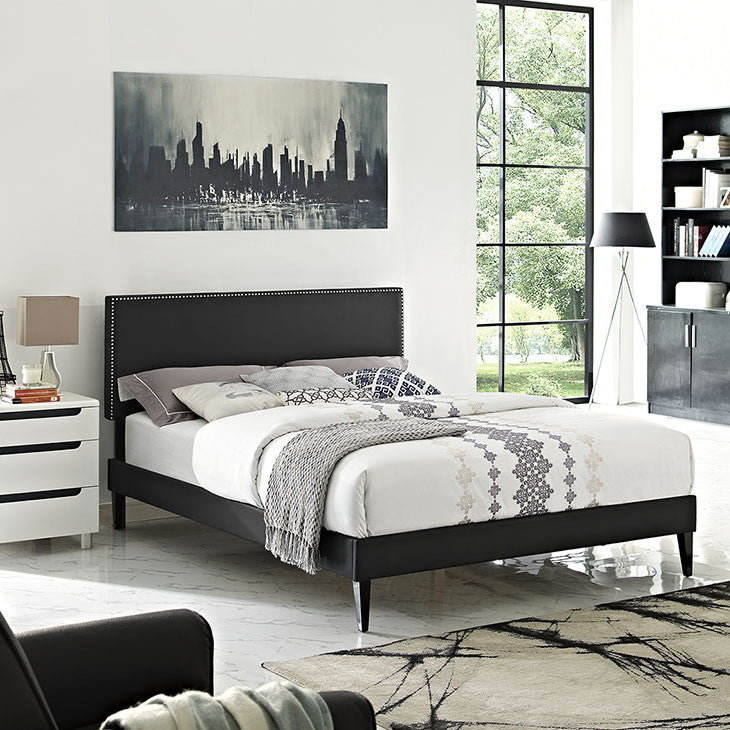 Lyka Queen Vinyl Platform Bed with Squared Tapered Legs - living-essentials