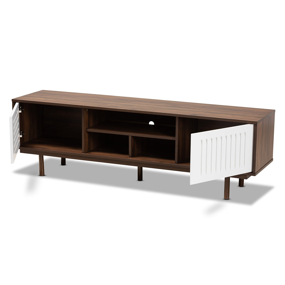 Macy Mid-Century Walnut Brown and White 5 Shelf Modern TV Stand