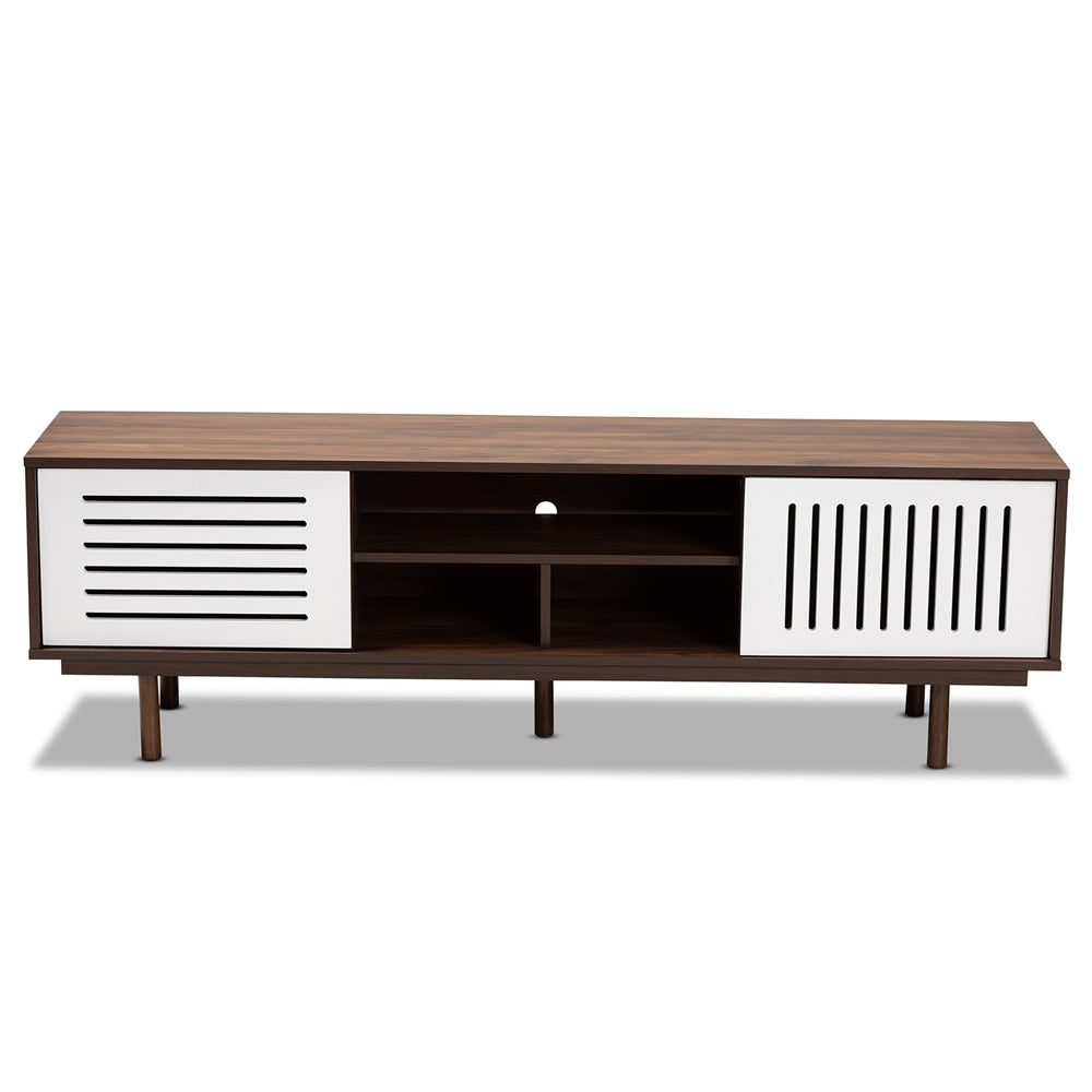 Macy Mid-Century Walnut Brown and White 5 Shelf Modern TV Stand