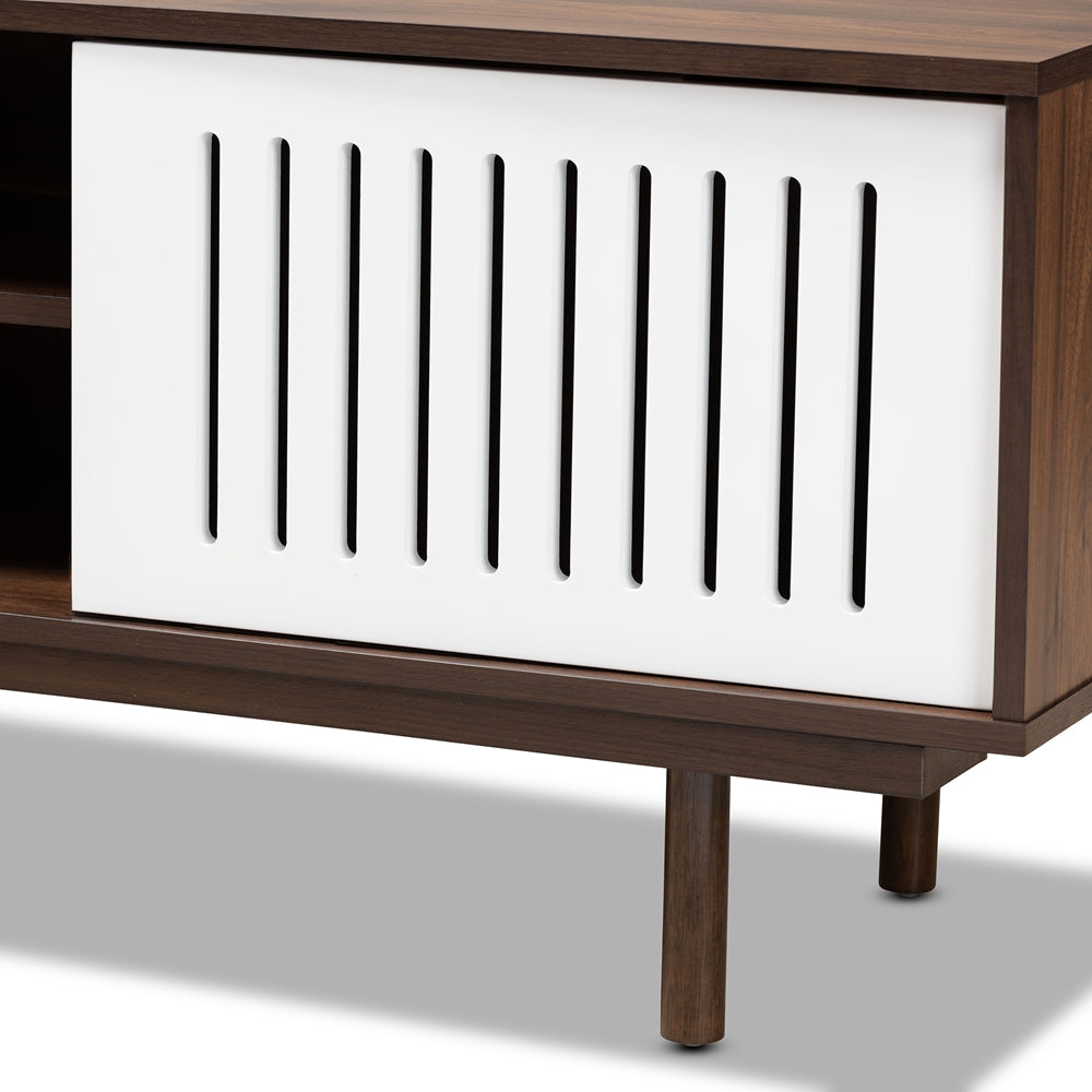 Macy Mid-Century Walnut Brown and White 5 Shelf Modern TV Stand