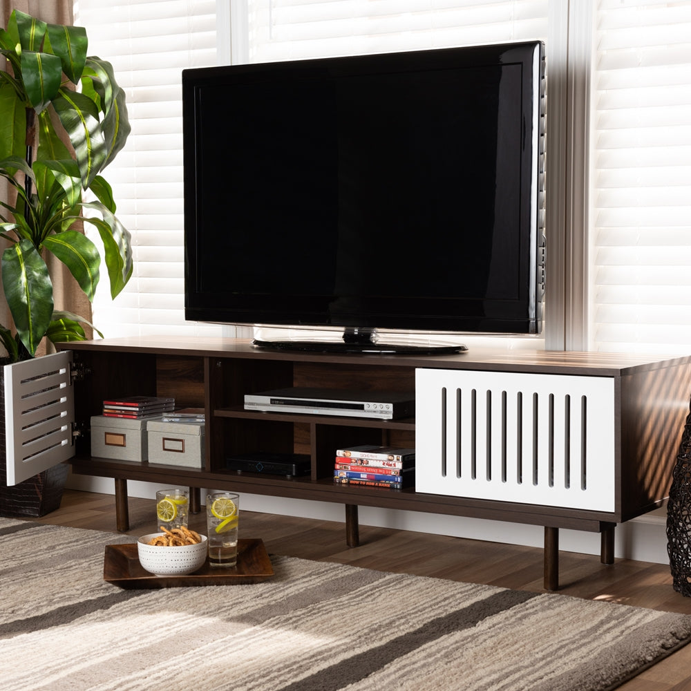 Macy Mid Century Walnut Brown and White 5 Shelf Modern TV Stand