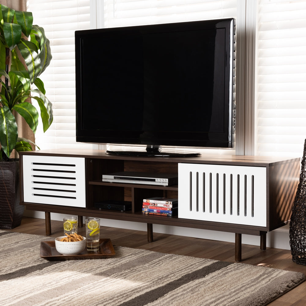 Macy Mid-Century Walnut Brown and White 5 Shelf Modern TV Stand