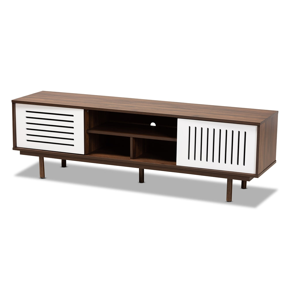 Macy Mid-Century Walnut Brown and White 5 Shelf Modern TV Stand