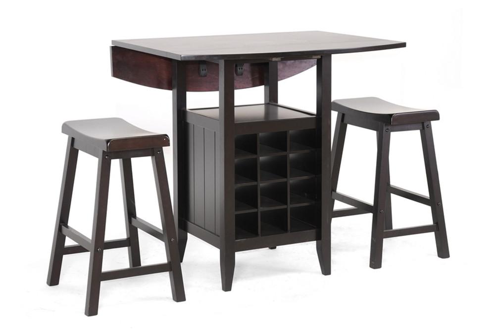 Kayleb 3-Piece Modern Black Wood Drop-Leaf Pub Set With Wine Rack - living-essentials