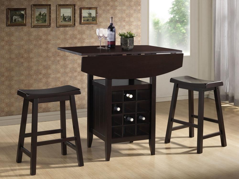 Kayleb 3-Piece Modern Black Wood Drop-Leaf Pub Set With Wine Rack - living-essentials