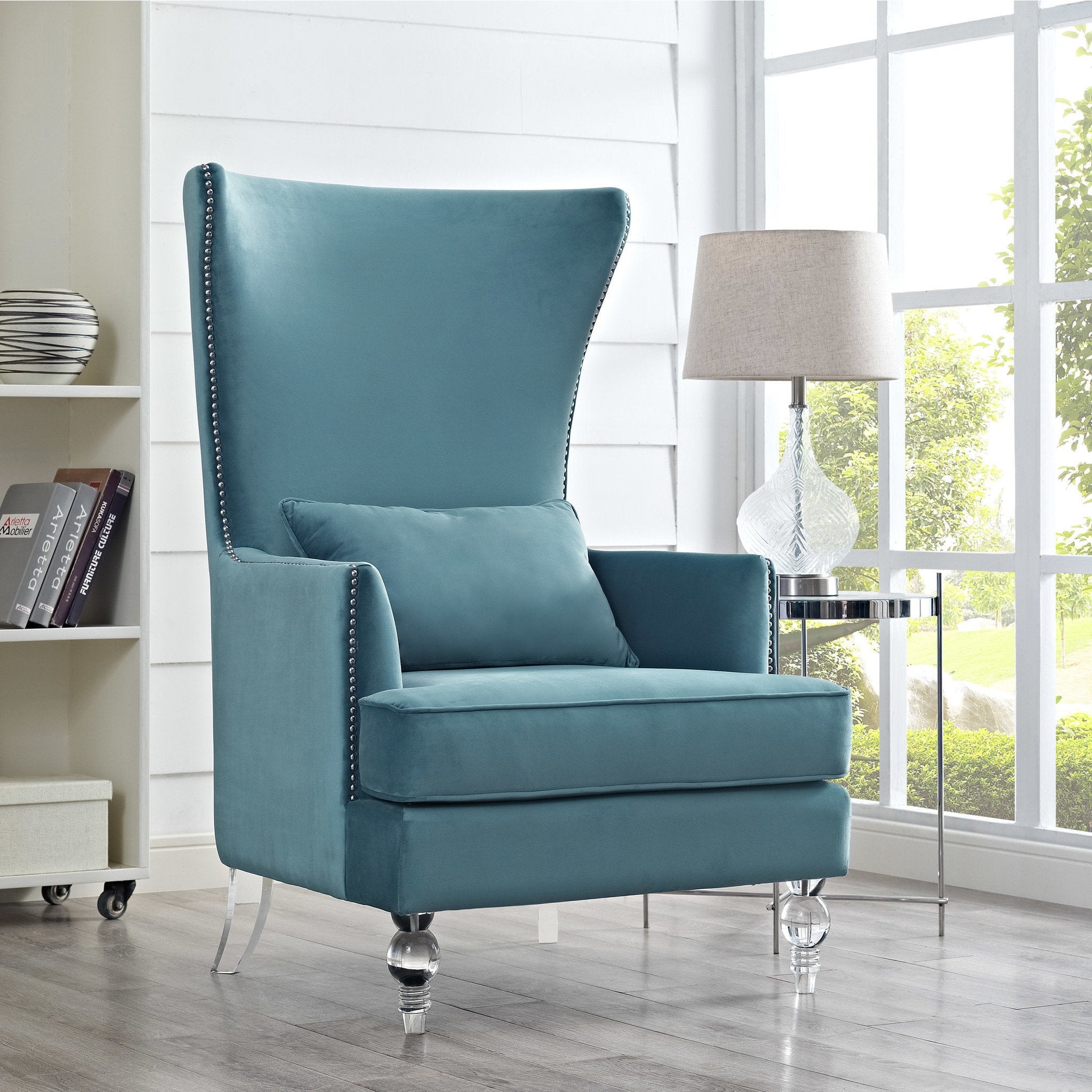 Sarah Sea Blue Velvet Armchair with Lucite Legs - living-essentials