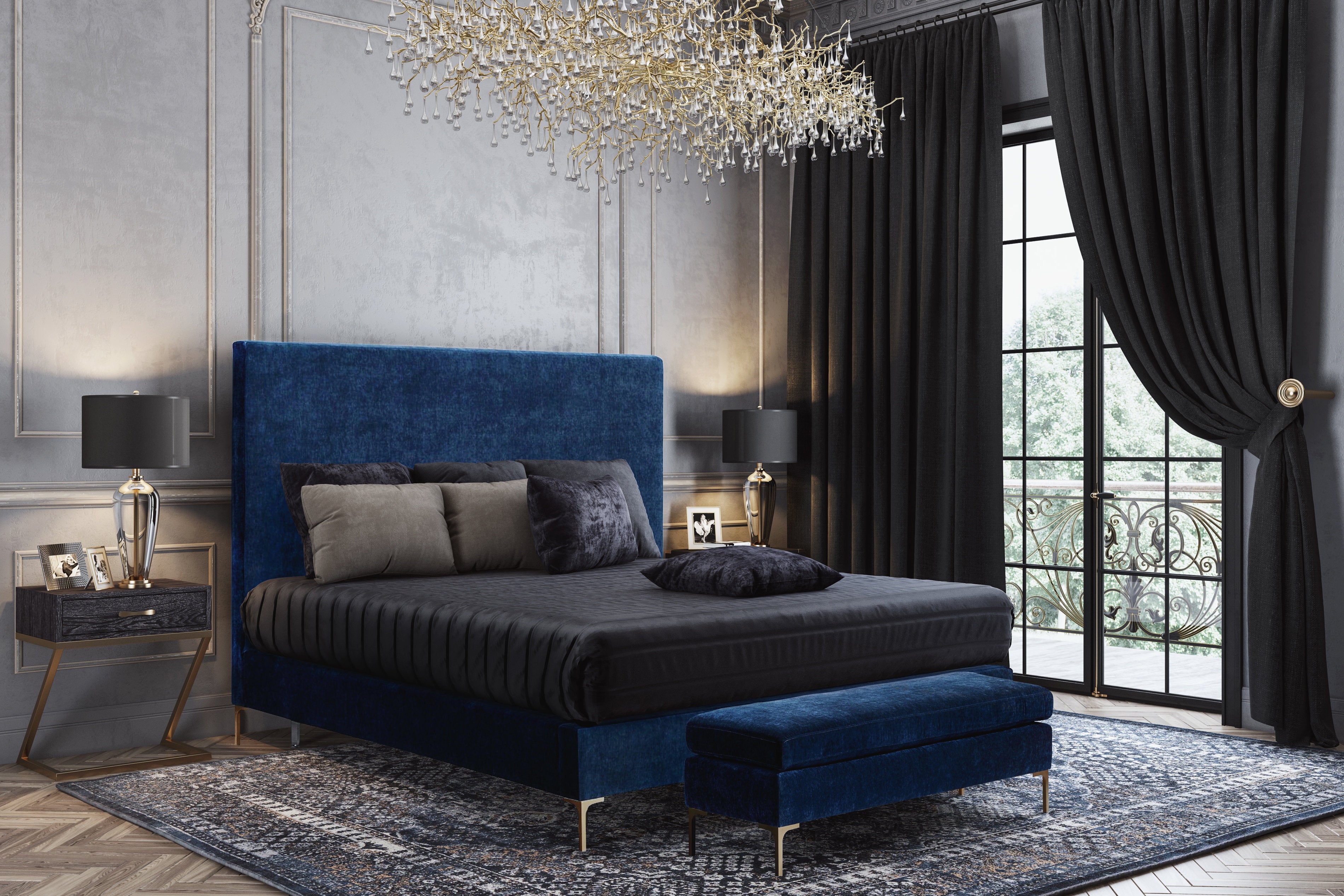 Delora Queen Navy Textured Velvet Bed Frame - living-essentials