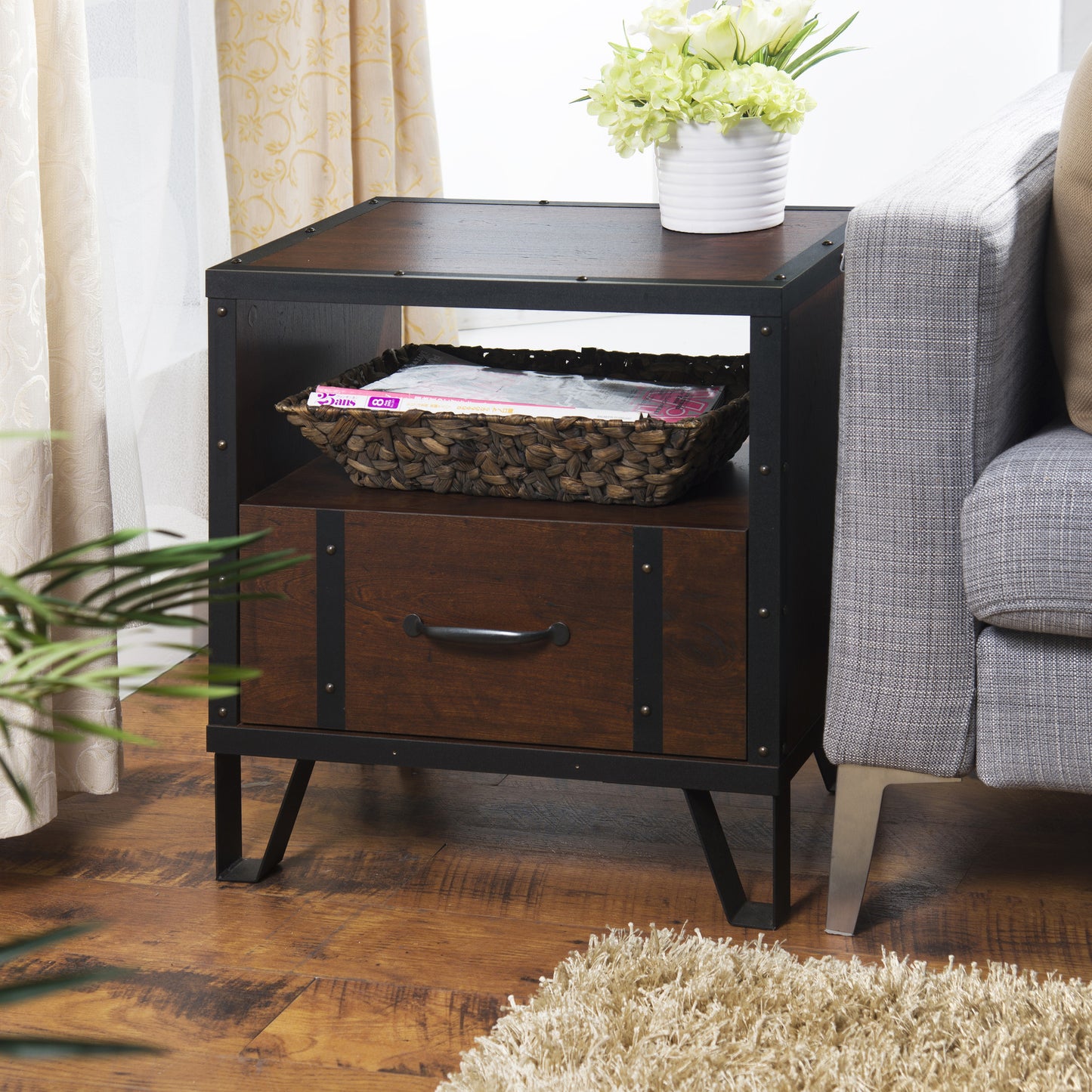 Fraser Industrial Storage End Table in Vintage Walnut - living-essentials