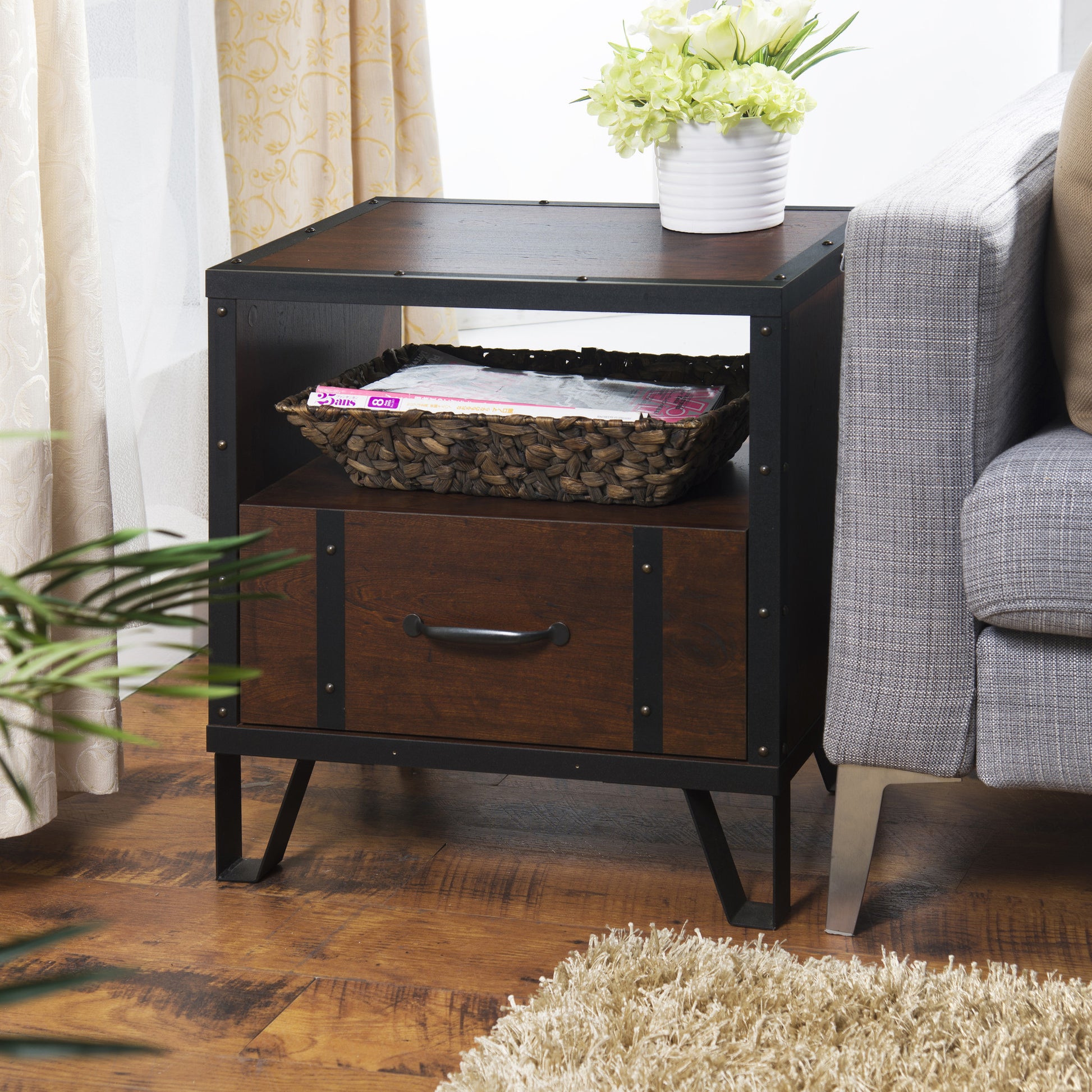 Fraser Industrial Storage End Table in Vintage Walnut - living-essentials
