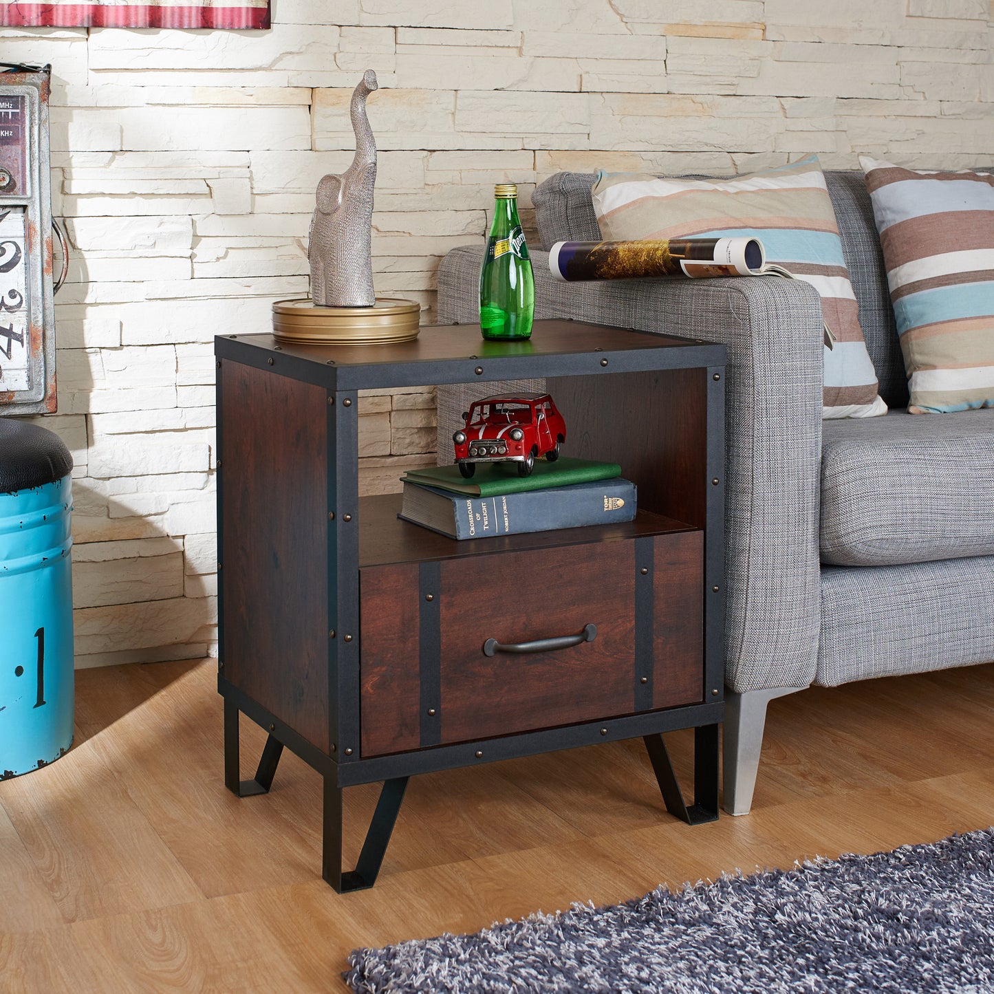 Fraser Industrial Storage End Table in Vintage Walnut - living-essentials