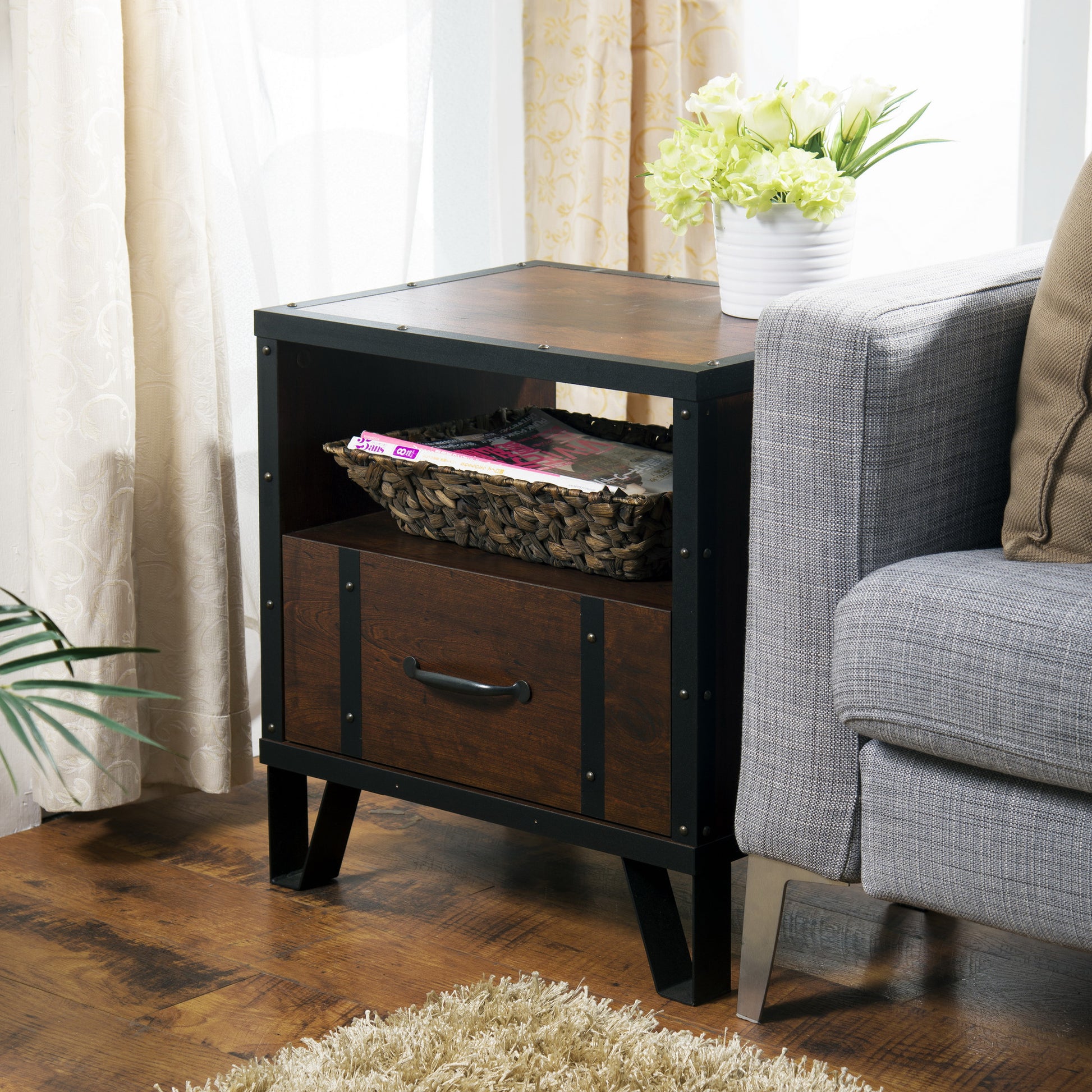 Fraser Industrial Storage End Table in Vintage Walnut - living-essentials