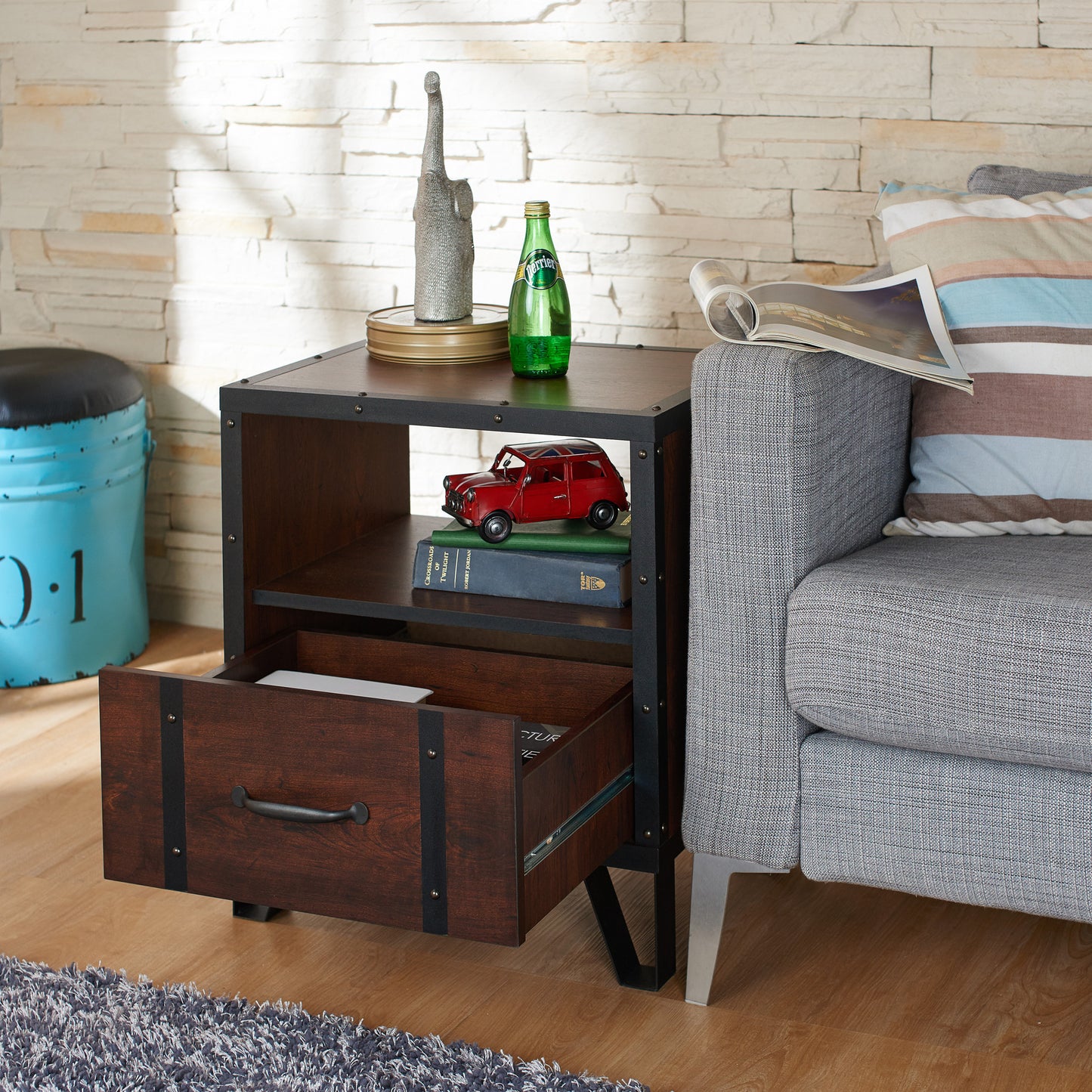 Fraser Industrial Storage End Table in Vintage Walnut - living-essentials