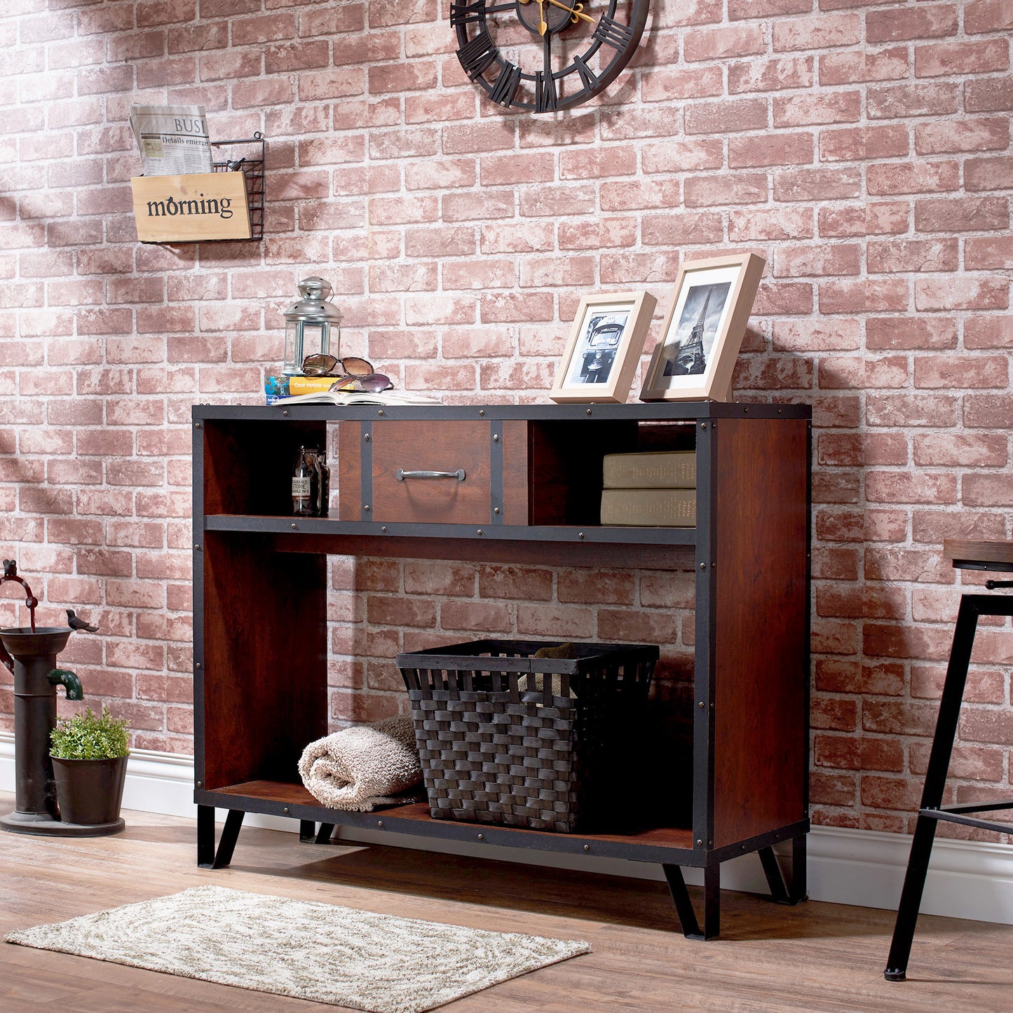 Fraser Industrial Storage Sofa Table in Vintage Walnut - living-essentials