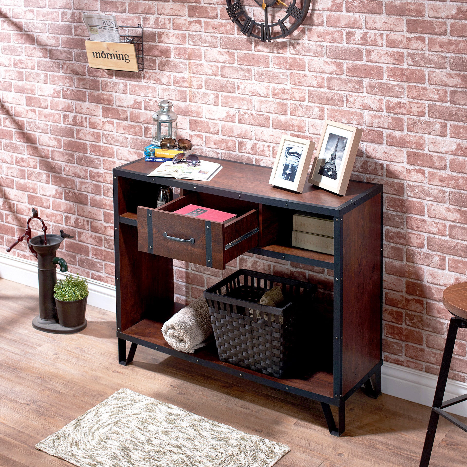 Fraser Industrial Storage Sofa Table in Vintage Walnut - living-essentials