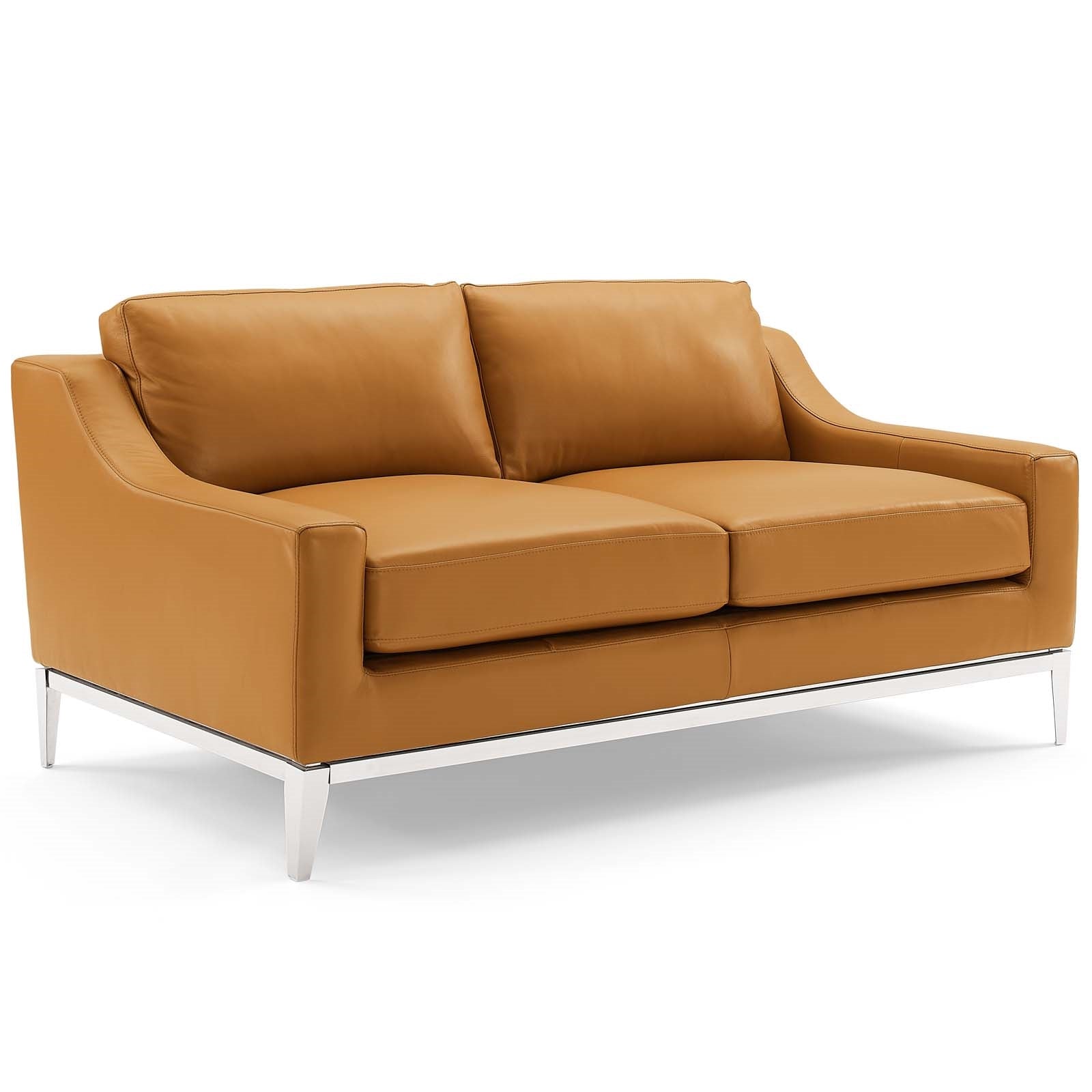 Hermione 64" Stainless Steel Base Leather Loveseat in Tan