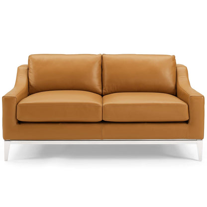 Hermione 64" Stainless Steel Base Leather Loveseat in Tan