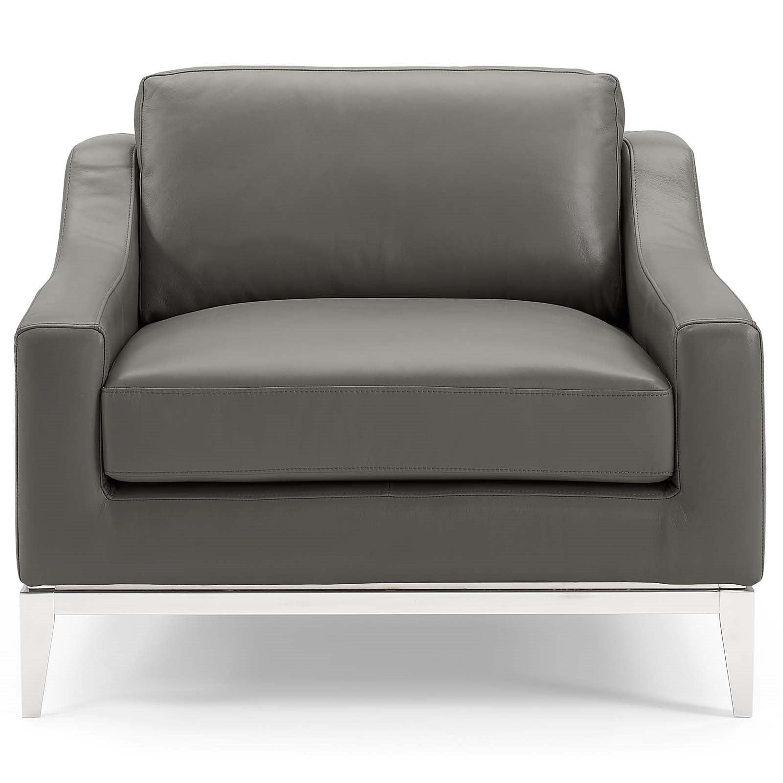 Hermione Stainless Steel Base Leather Armchair in Gray