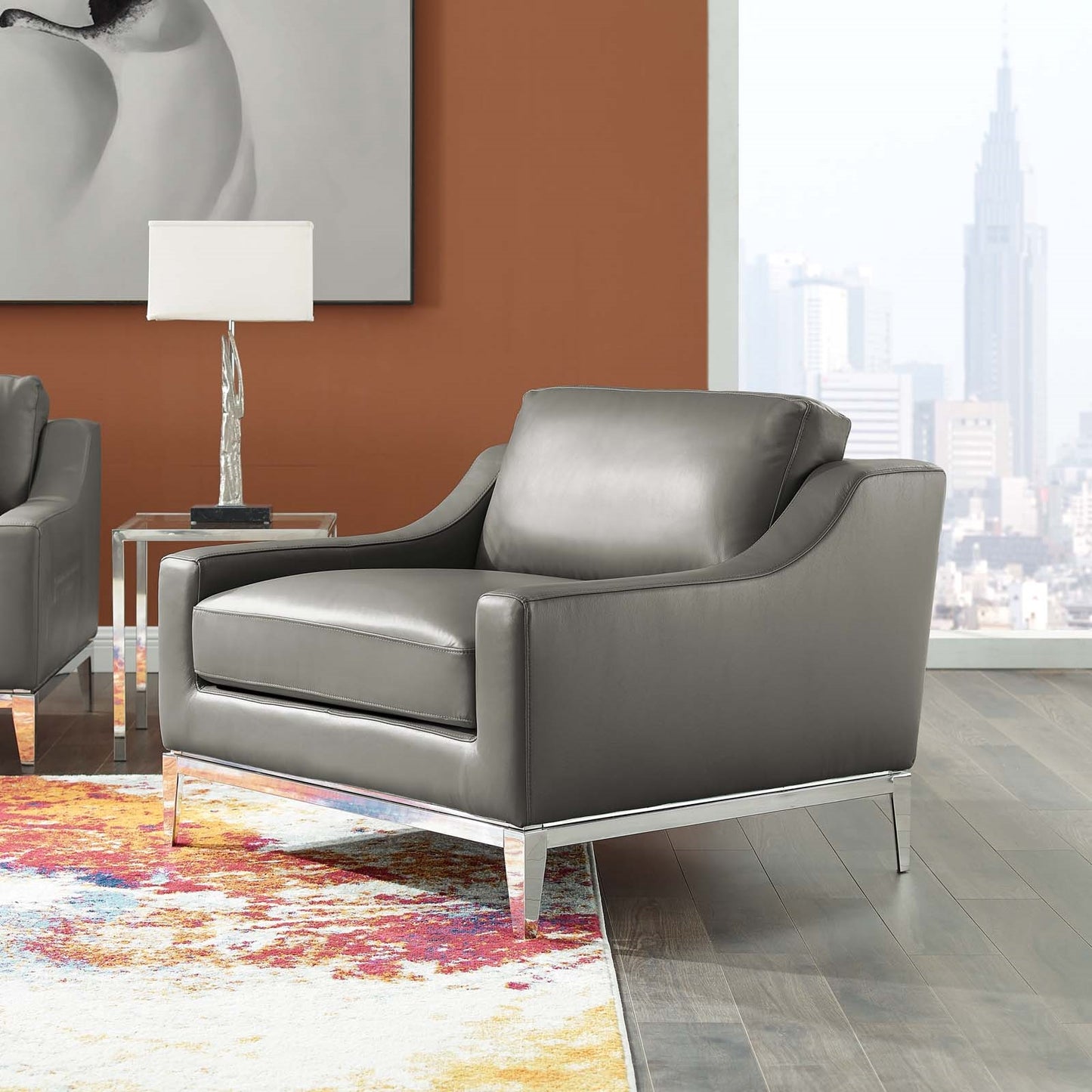 Hermione Stainless Steel Base Leather Armchair in Gray