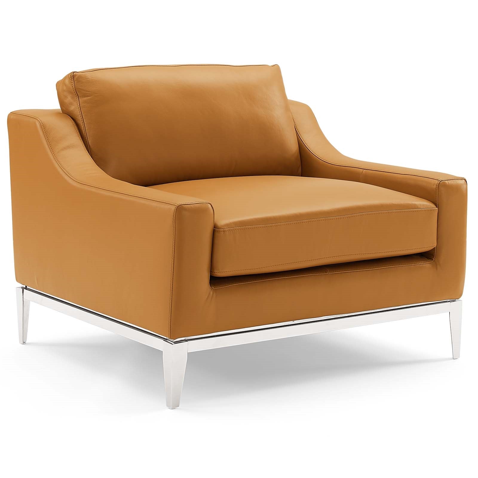 Hermione Stainless Steel Base Leather Armchair in Tan