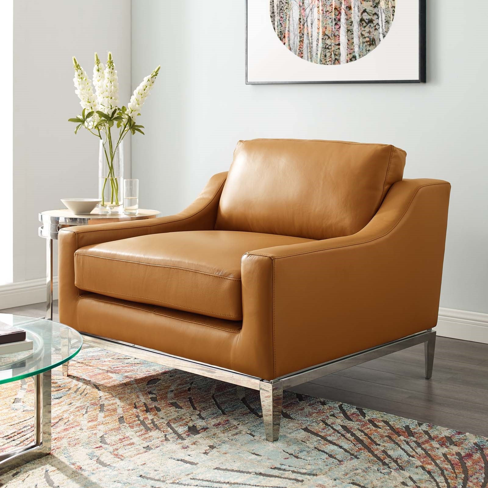 Hermione Stainless Steel Base Leather Armchair in Tan