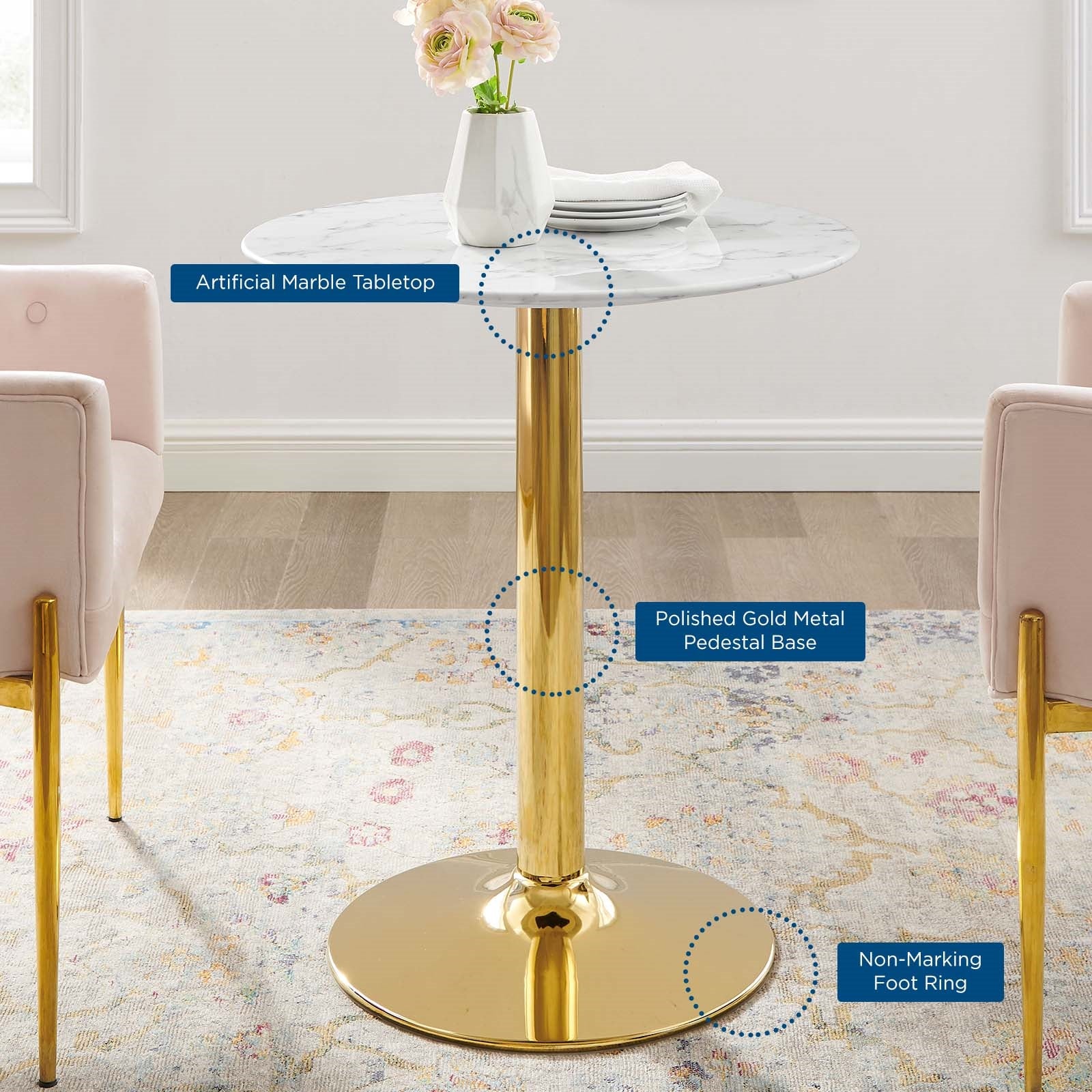 Jena 28" Gold Base Artificial Marble Dining Table