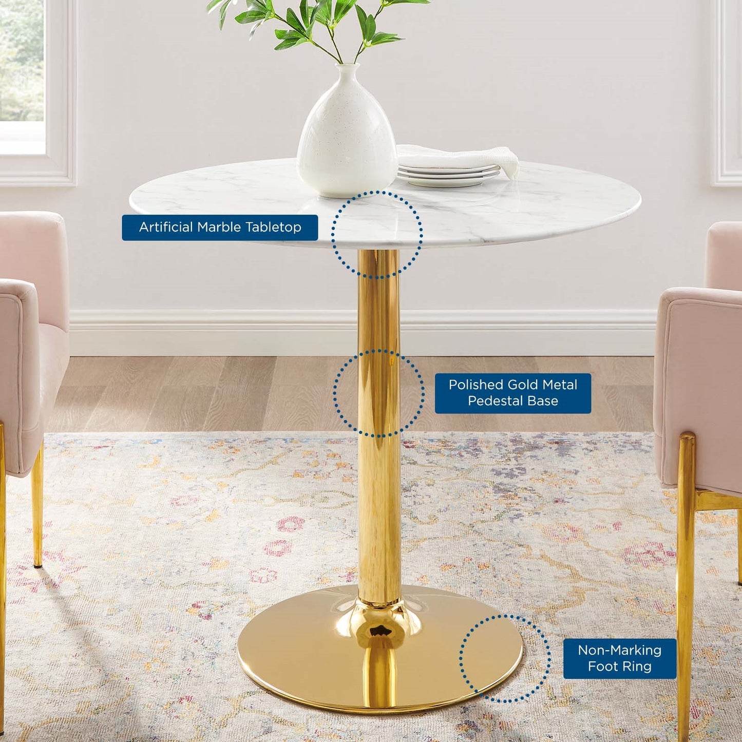 Jena 35" Artificial Marble Gold Base Dining Table