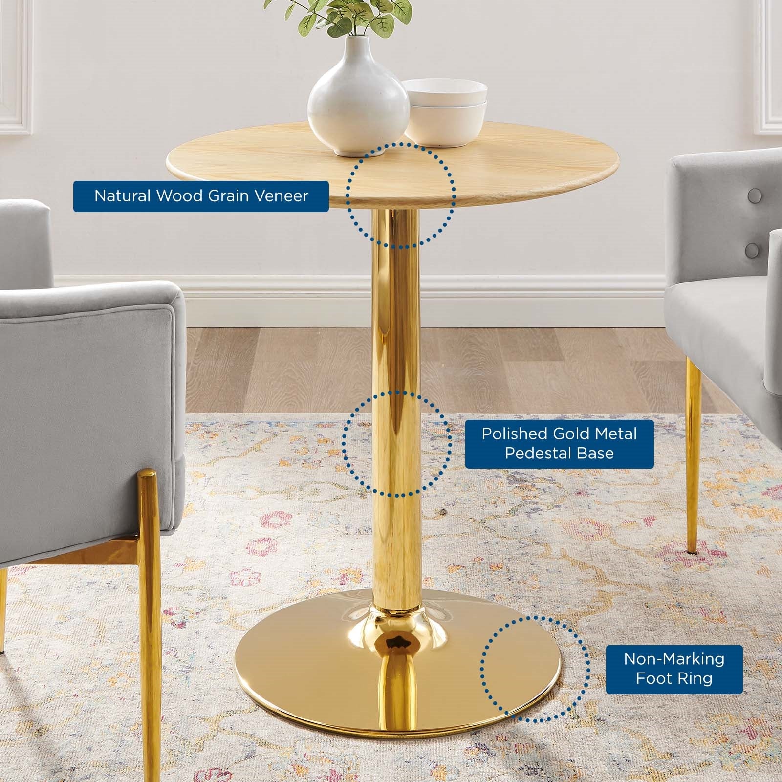 Jena 28" Natural Wood Top Gold base Dining Table