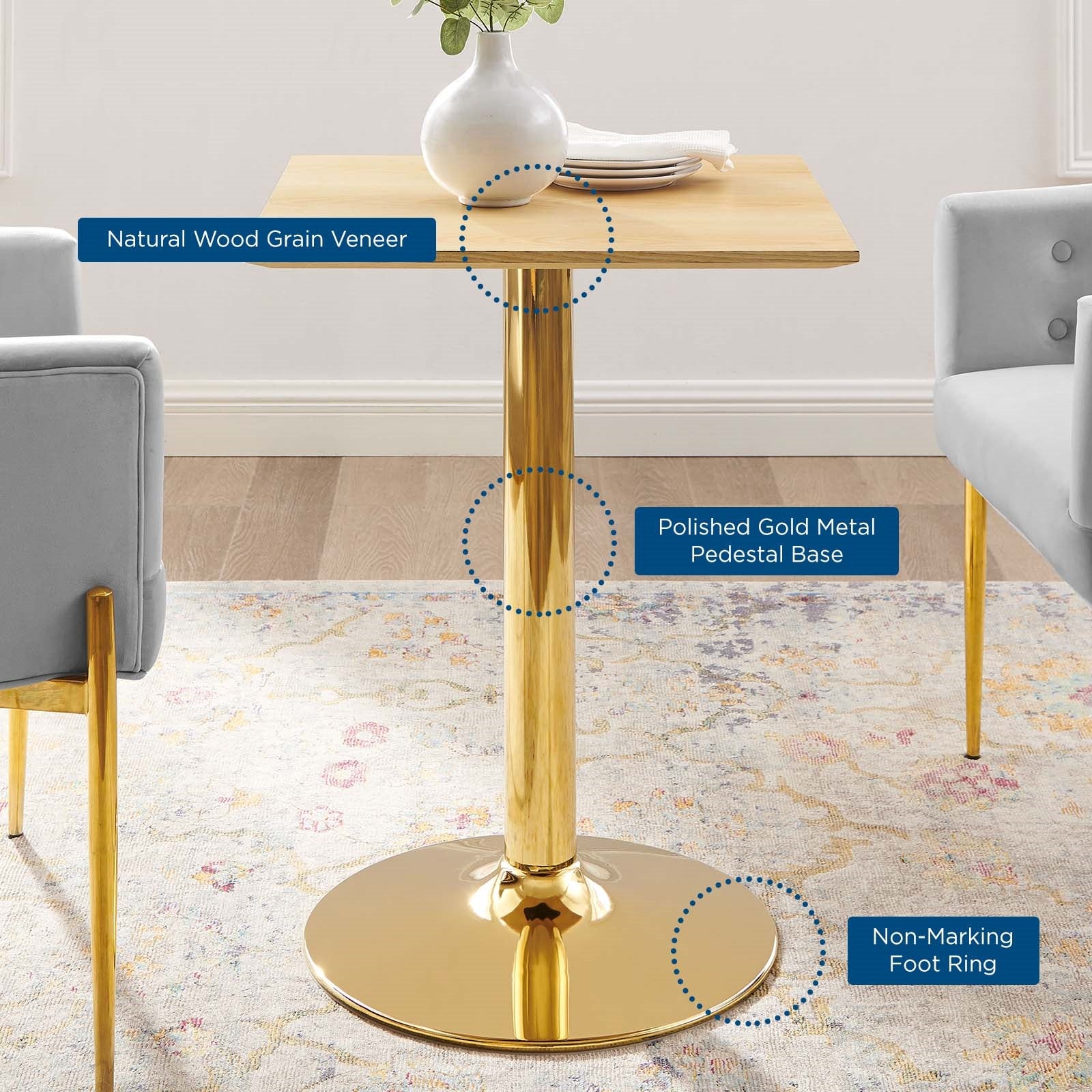 Jena 24" Gold Base Natural Wood Square Dining Table