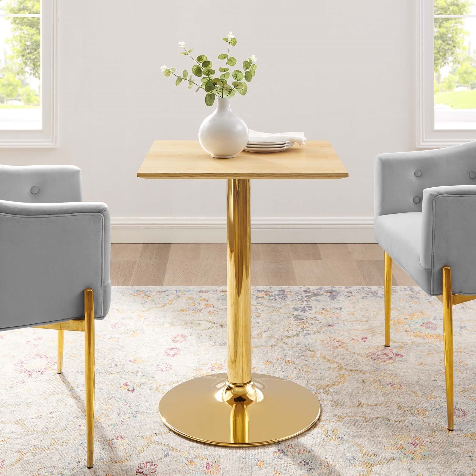 Jena 24" Gold Base Natural Wood Square Dining Table