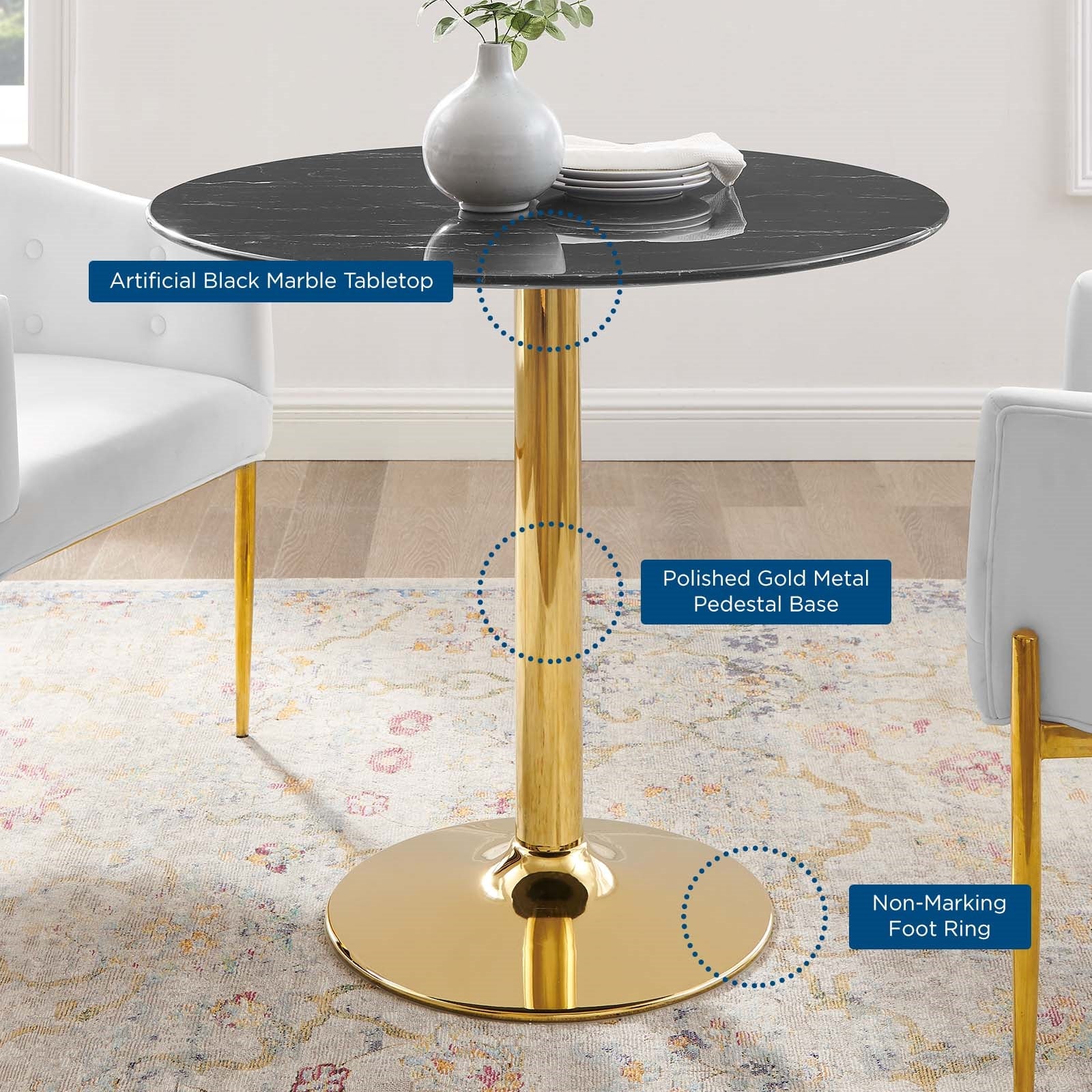 Jena 35" Gold Base Black Artificial Marble Dining Table