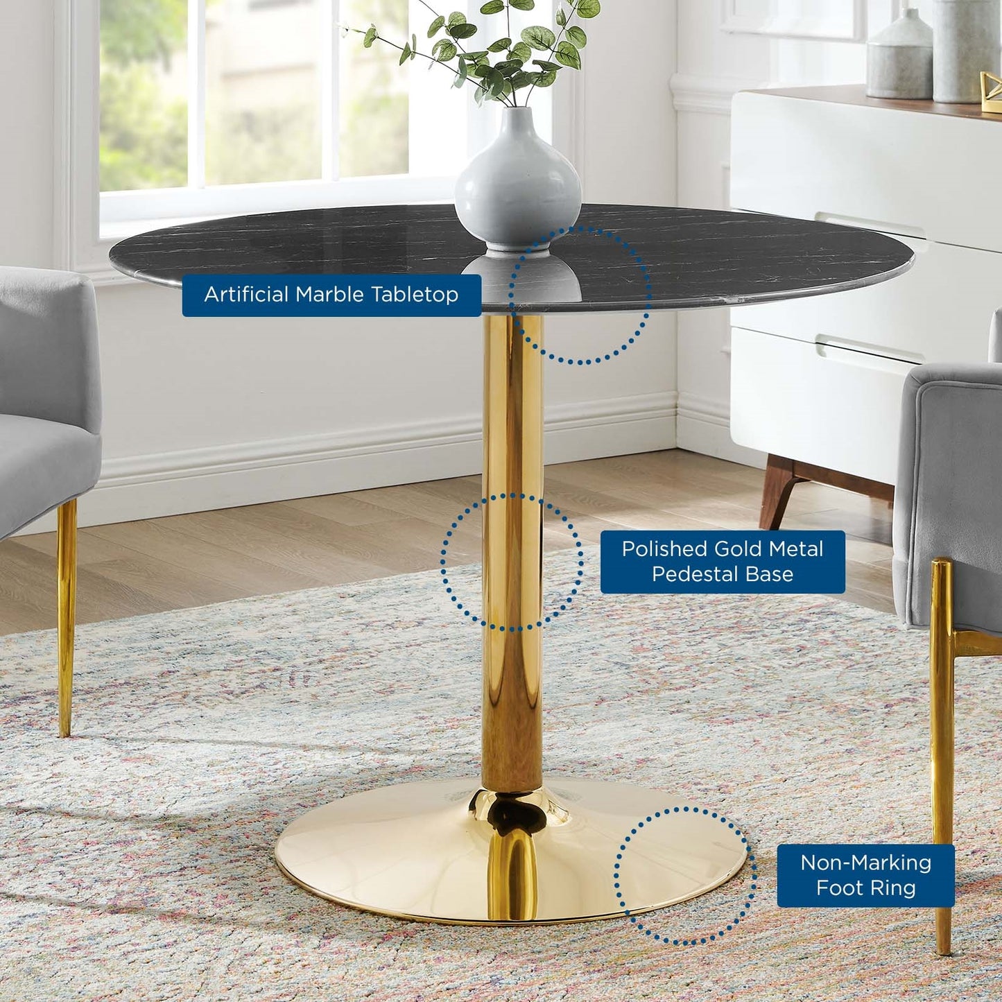 Jena 40" Gold Base Black Artificial Marble Dining Table