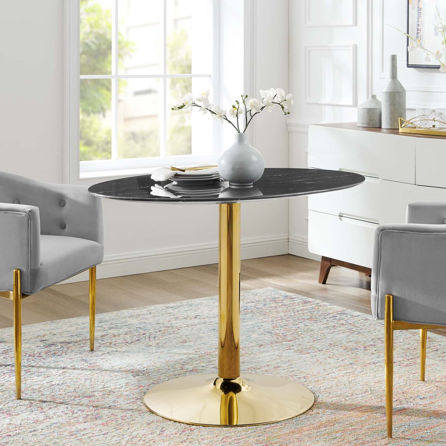 Jena 42"Gold Base Black Artificial Marble Dining Table