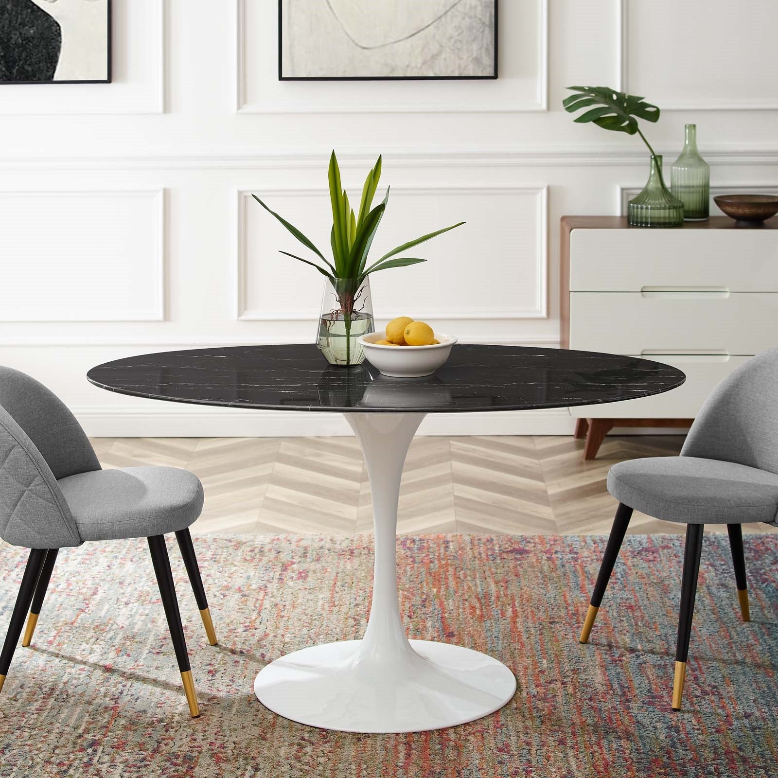 Tulip Style 54" Black Rounde Artificial Marble Dining Table