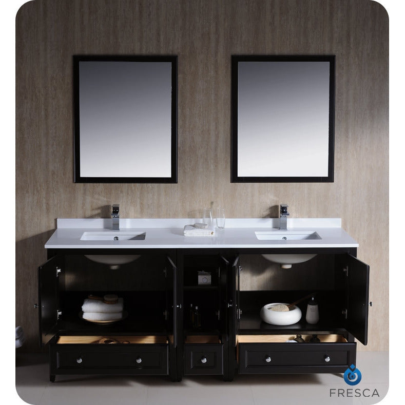 Fresca Oxford 72" Espresso Traditional Double Sink Bathroom Vanity w/ Side Cabinet - living-essentials