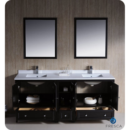 Fresca Oxford 72" Espresso Traditional Double Sink Bathroom Vanity w/ Side Cabinet - living-essentials