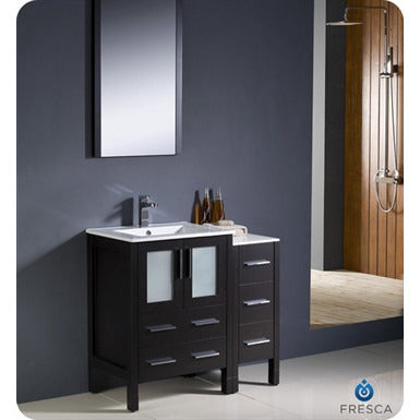 Fresca Torino 36" Espresso Modern Bathroom Vanity w/ Side Cabinet & Integrated Sinks - living-essentials